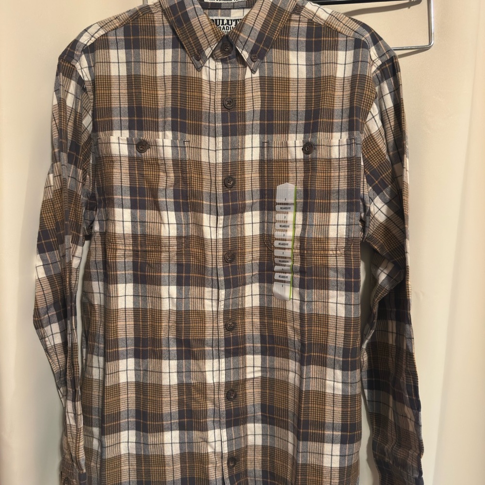 Duluth Trading Co Free Swinging Flannel Brown and Blue Casual Button Down Shirt